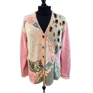 VTG Storybrook Knits Pink Cardigan Floral Animal Print Cheetah Detail Sz L 90s